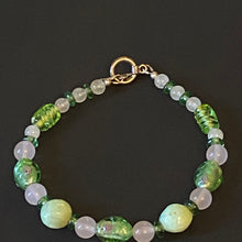 Load image into Gallery viewer, Secret Garden pink and green rose quartz and floral lampwork glass bead bracelet