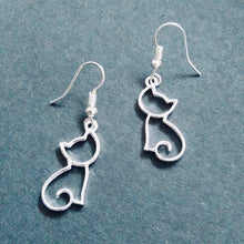 Load image into Gallery viewer, Cat Cutout - cute silvertone or goldtone cat silhouette earrings - cat mom cat lover gift