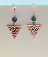 Load image into Gallery viewer, Triquetra or Trinity Knot earrings, copper finish (w/ optional gemstone bead)