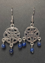Load image into Gallery viewer, Celtic triquetra triple knot earrings w/ 3 beads (choice of gemstone/color)