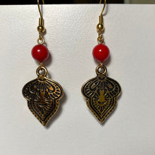 Load image into Gallery viewer, Goldtone Middle Eastern Mendhi earrings with 7mm bamboo coral bead