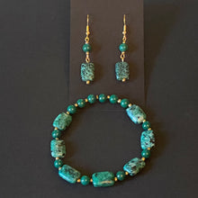 Load image into Gallery viewer, African turquoise and dark green mountain jade goldtone bracelet & earrings set