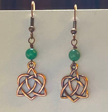 Load image into Gallery viewer, Celtic heart earrings with triquetra knot, copper finish (w/ optional gemstone bead)