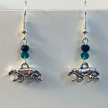 Load image into Gallery viewer, Panther Pride - Pelham Panthers sports fan small silvertone panther earrings with green and black crystal beads