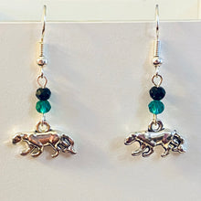 Load image into Gallery viewer, Panther Pride - Pelham Panthers sports fan small silvertone panther earrings with green and black crystal beads