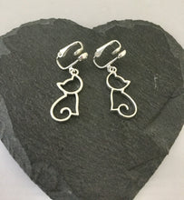 Load image into Gallery viewer, Cat Cutout - cute silvertone or goldtone cat silhouette earrings - cat mom cat lover gift