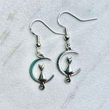 Load image into Gallery viewer, Cat on the Moon silvertone cute cat silhouette earrings - cat mom cat lover gift