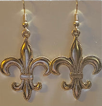 Load image into Gallery viewer, Fleur-de-lis large beaded edge earring in goldtone or silvertone w/ optional 8mm crystal or gemstone bead French symbol New Orleans Saints sports fan