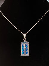 Load image into Gallery viewer, The T.A.R.D.I.S. Doctor Who fan silvertone and blue enamel Tardis police box pendant