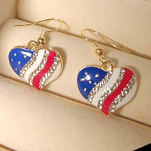 Load image into Gallery viewer, American Heart patriotic rhinestone and enamel flag earrings stars and stripes 4th of July holiday jewelry