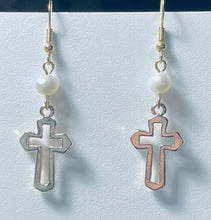 Load image into Gallery viewer, Freshwater pearl and silvertone open cross earrings Christian faith jewelry