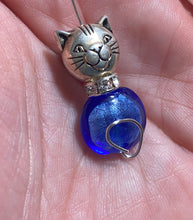 Load image into Gallery viewer, Ocean Cat II silvertone and blue glass cat pendant