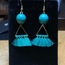 Load image into Gallery viewer, Turquoise Dream: goldtone and turquoise blue beaded boho tassel earrings