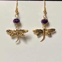 Load image into Gallery viewer, Dragonfly earrings in silvertone or goldtone with gemstone or crystal bead