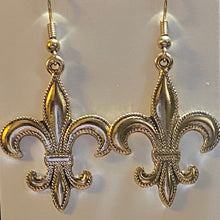 Load image into Gallery viewer, Fleur-de-lis large beaded edge earring in goldtone or silvertone w/ optional 8mm crystal or gemstone bead French symbol New Orleans Saints sports fan