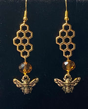 Load image into Gallery viewer, Bee Golden: goldtone honeybee earrings with citrine crystal bead beekeeper apiculture bee lover gift