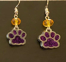 Load image into Gallery viewer, LSU Tigers or UNA Lions sports fan paw earrings: purple glitter enamel paw with optional gold crystal bead.