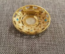 Load image into Gallery viewer, Vintage Victorian matte goldtone oval brooch w/ faux pearl cabochon & turquoise beads