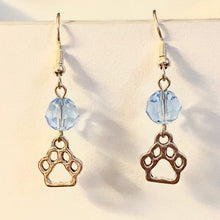 Load image into Gallery viewer, Helena Huskies paw print sports fan earrings withchoice of crystal or pearl bead in team colors