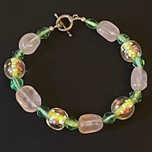 Load image into Gallery viewer, Easter Parade: pastel pink, green, and yellow rose quartz and floral lampwork glass bead bracelet