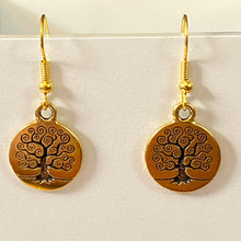 Load image into Gallery viewer, Family Tree or Tree of Life World Tree goldtone earrings with optional gemstone or crystal bead