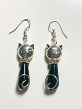 Load image into Gallery viewer, Cat Earrings: silvertone and Czech glass teardrop cat earrings in a rainbow of colors