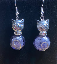 Load image into Gallery viewer, Lavender Cat: silvertone and lavender glass bead cat earrings