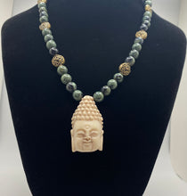 Load image into Gallery viewer, Enlightened: kambaba jasper and antique gold beaded Buddha necklace