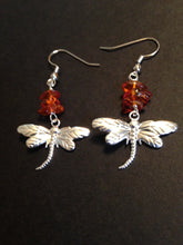 Load image into Gallery viewer, Dragonfly In Amber goldtone or silvertone dragonfly earrings with genuine Baltic Amber Outlander fan gift jewelry