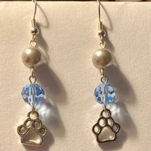 Load image into Gallery viewer, Helena Huskies paw print sports fan earrings withchoice of crystal or pearl bead in team colors