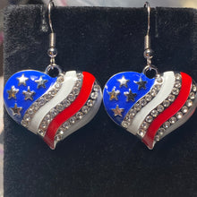 Load image into Gallery viewer, American Heart patriotic rhinestone and enamel flag earrings stars and stripes 4th of July holiday jewelry