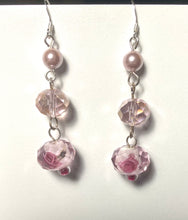 Load image into Gallery viewer, La Vie En Rose pink pearl, crystal, and glass rose bead earrings