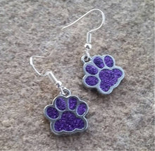 Load image into Gallery viewer, Paw print sports fan earrings: Tigers, Lions, Bulldogs, Wildcats, Huskies, Panthers, Jaguars: choice of team color with or without crystal bead.