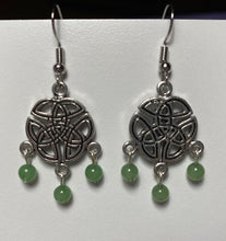 Load image into Gallery viewer, Celtic triquetra triple knot earrings w/ 3 beads (choice of gemstone/color)