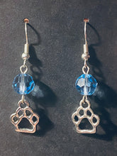 Load image into Gallery viewer, Helena Huskies paw print sports fan earrings withchoice of crystal or pearl bead in team colors