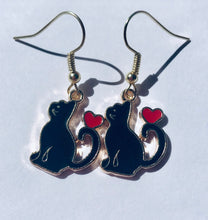 Load image into Gallery viewer, Black Cat or White Cat with heart enamel charm earrings 3 styles cat lover cat lady gift