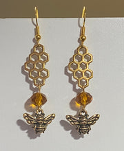 Load image into Gallery viewer, Bee Golden: goldtone honeybee earrings with citrine crystal bead beekeeper apiculture bee lover gift
