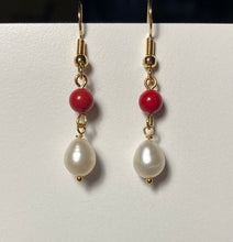 Load image into Gallery viewer, Red bamboo coral and freshwater pearl teardrop earrings