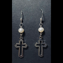 Load image into Gallery viewer, Freshwater pearl and silvertone open cross earrings Christian faith jewelry