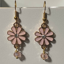 Load image into Gallery viewer, Flower Power: pink enamel boho flower earrings with crystal bead