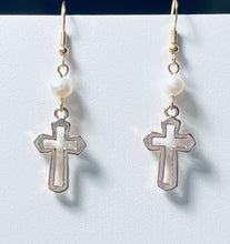 Load image into Gallery viewer, Freshwater pearl and silvertone open cross earrings Christian faith jewelry