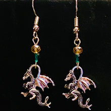 Load image into Gallery viewer, UAB Blazers sports fan small silvertone dragon earrings with gold and green crystal beads