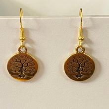 Load image into Gallery viewer, Family Tree or Tree of Life World Tree goldtone earrings with optional gemstone or crystal bead