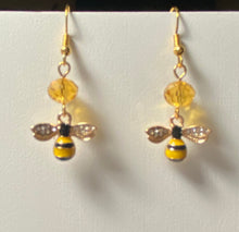 Load image into Gallery viewer, All Abuzz: enameled goldtone honeybee earrings with citrine crystal bead beekeeper apiculture bee lover gift