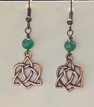 Load image into Gallery viewer, Celtic heart earrings with triquetra knot, copper finish (w/ optional gemstone bead)