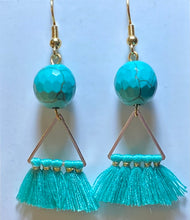 Load image into Gallery viewer, Turquoise Dream: goldtone and turquoise blue beaded boho tassel earrings