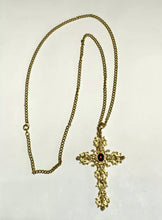 Load image into Gallery viewer, Avon 1970s vintage gold and “ruby” Medieval / Renaissance cross necklace