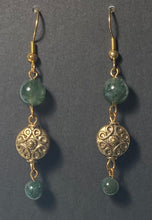 Load image into Gallery viewer, Moss agate and antiqued gold disc triple-link dangle earrings