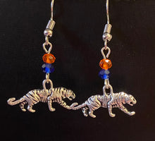 Load image into Gallery viewer, Auburn Tigers sports fan small silvertone tiger earring with orange and blue crystal beads