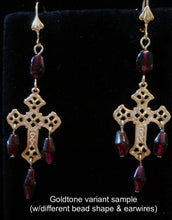 Load image into Gallery viewer, Garnet and gold or silver filigree cross earrings with sterling or 14k gold-filled earwires